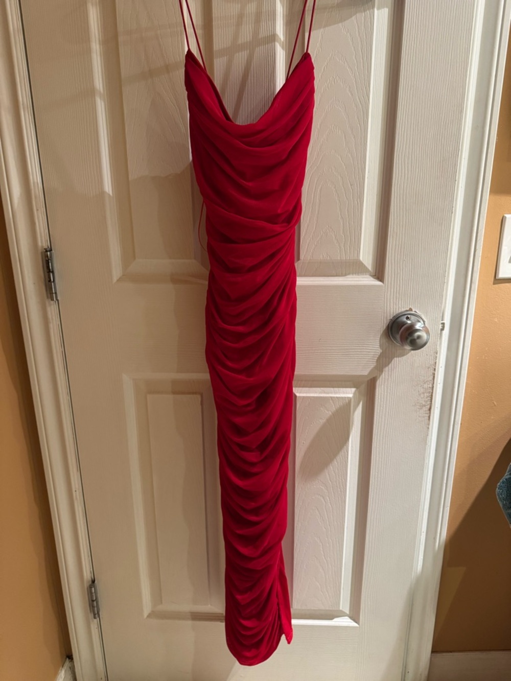Red Cowl-Neck Ruched Midi Dress